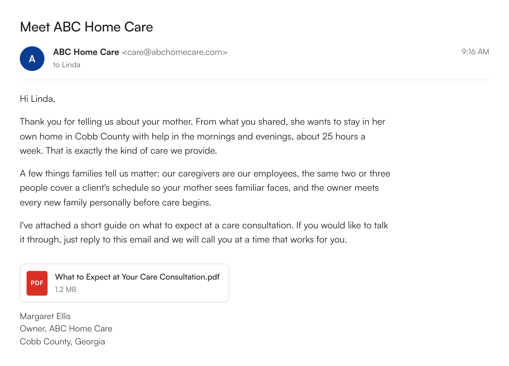 Email from ABC Home Care to a family: why the agency fits their situation, with a consultation guide attached